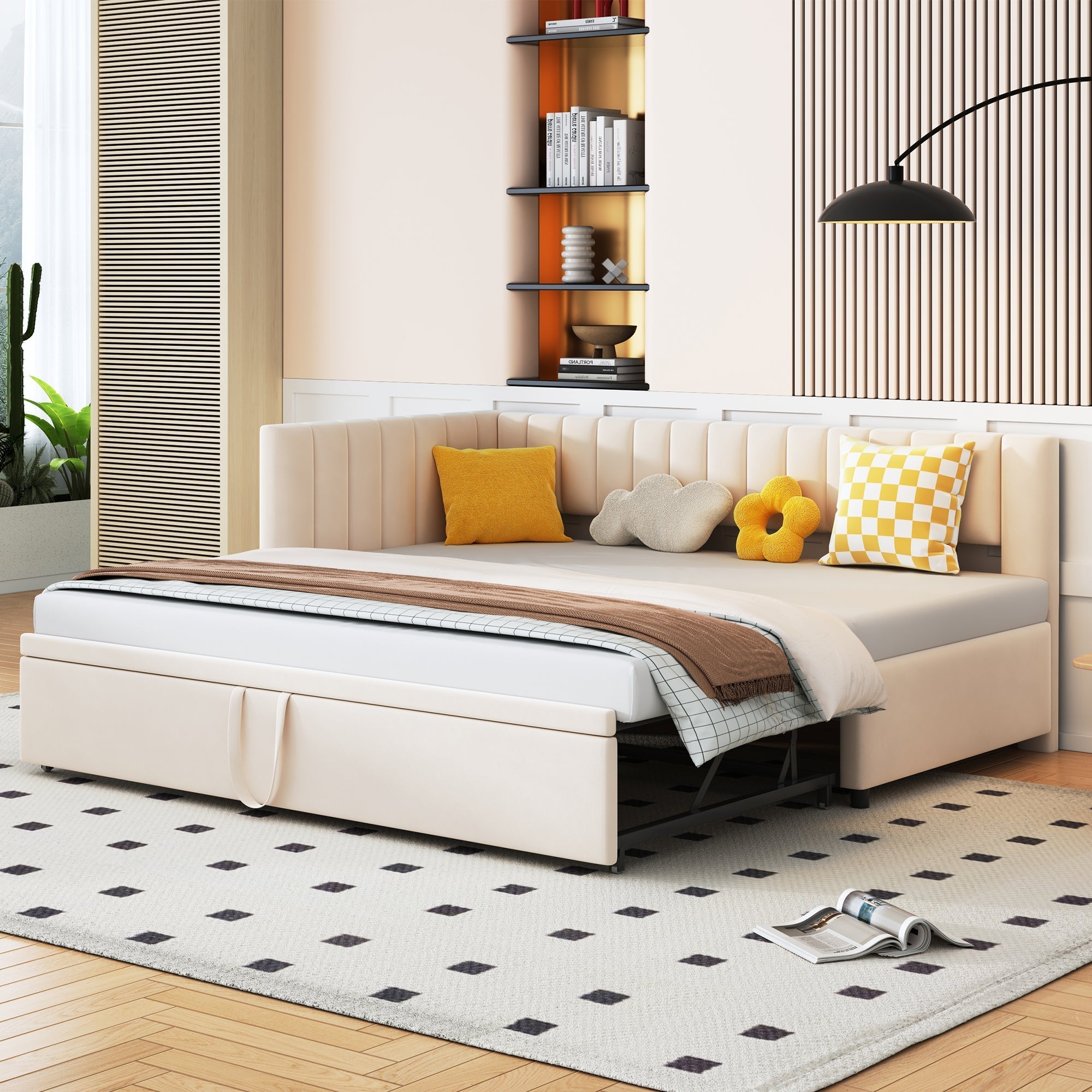Sofa Bed, L-shaped Pull-out 90/180*200cm, Velvet Beige