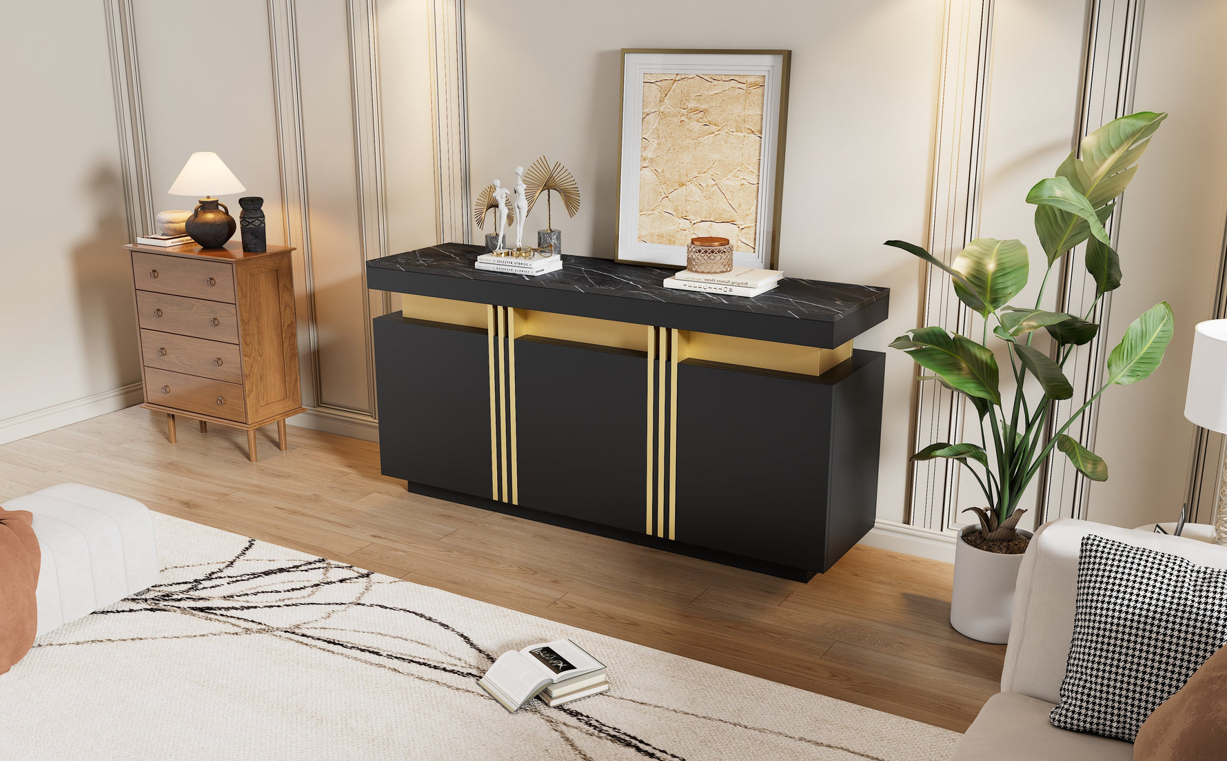 Sideboard, Display Cabinet with 3 Doors, Adjustable Dividers, Black and Gold