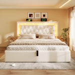 Upholstered Bed with LED Diamond Strip, USB Charging and Hydraulic Storage, Beige Velvet