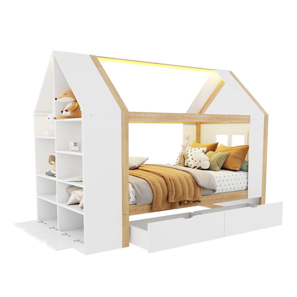 Children's House Bed 90x200 with 2 Drawers & LED, White & Natural