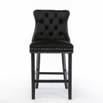 Contemporary Barstools, Button Tufted Wooden Legs Set of 2, Velvet Black