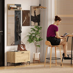 Hallway Set Shoe Bench Mirror 3 Hooks Open Shelf - Natural Wood/Grey