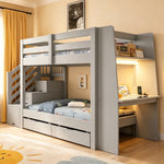Kids Bunk Bed 90x200cm with Desk, LED & Drawers, Wooden Grey