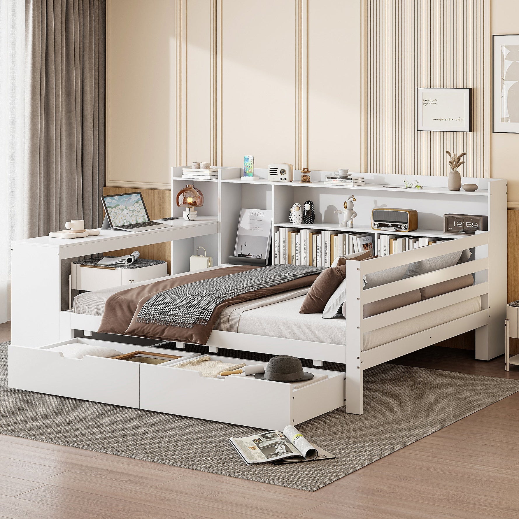 Solid Wood Sofa Bed, 140x200 cm, with Desk, Bookshelf, Storage, Power Outlet, White