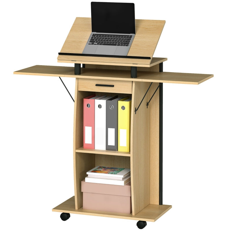 Rolling Podium Stand, Folding Side Wings & Shelves, Oak