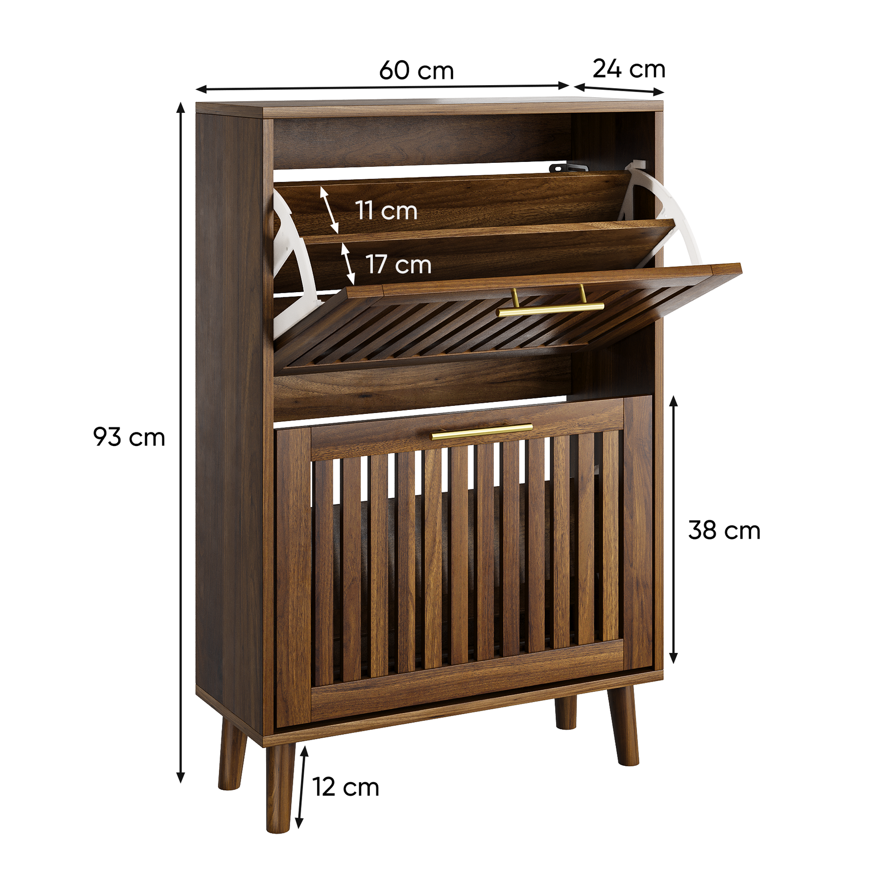 Shoe Cabinet 60cm Freestanding 2 Drop-Down Drawers Medieval-Modern - Walnut Wood