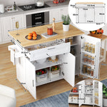 Mobile Kitchen Table 132.5cm Folding Worktop Storage Spice/Towel Rack - Oak Grain