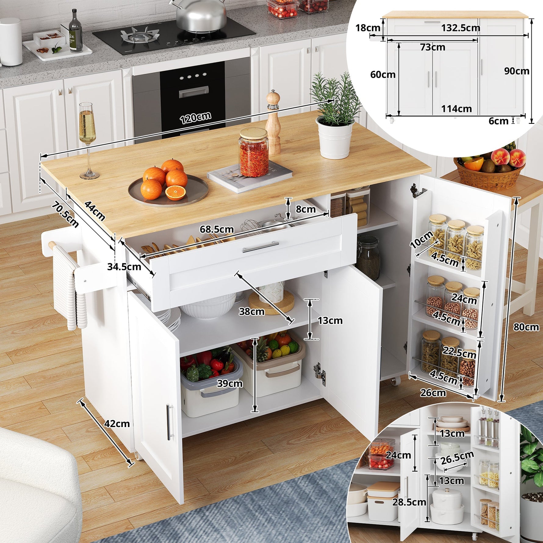 Mobile Kitchen Table 132.5cm Folding Worktop Storage Spice/Towel Rack - Oak Grain