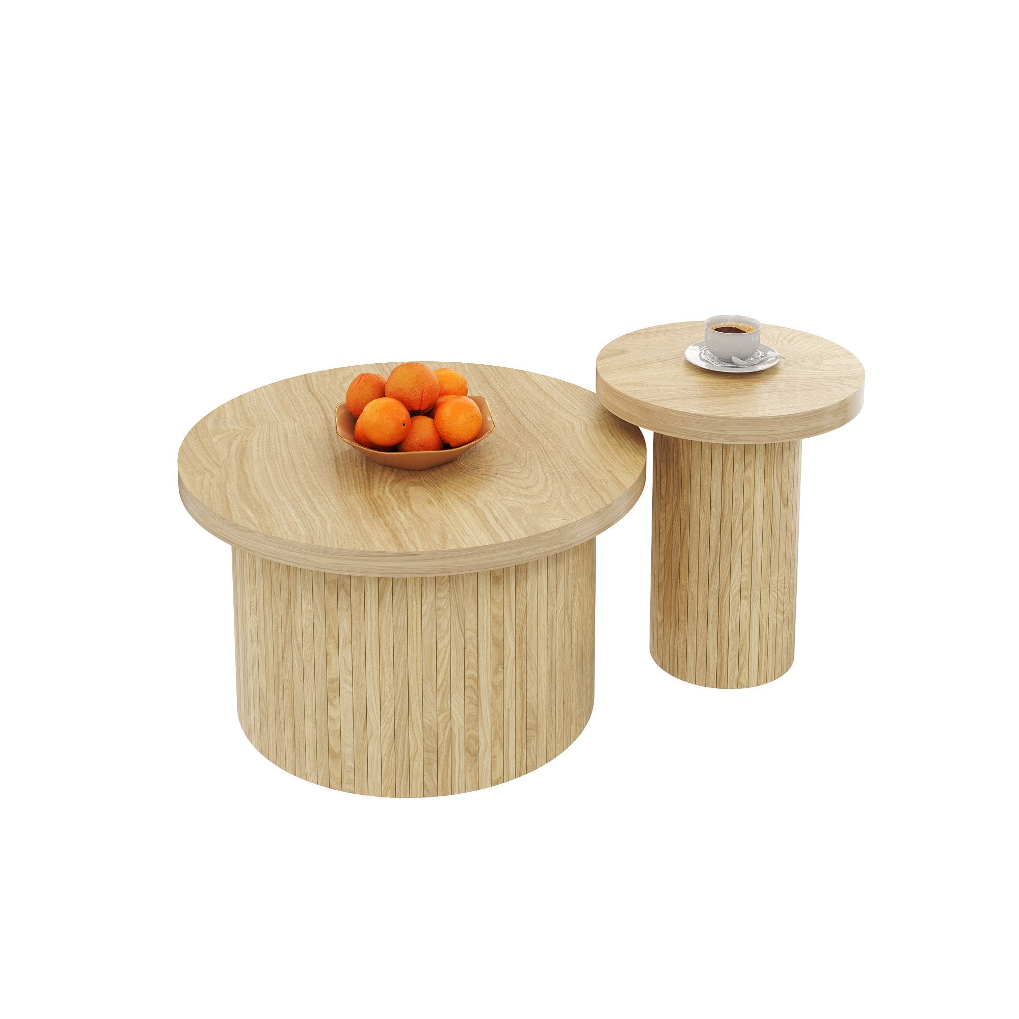 Coffee Table, Double Round Side Table, Natural Wood