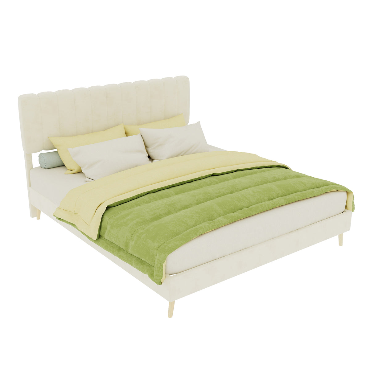 Upholstered Bed 160x200cm with Soft Headboard & Mattress, Beige