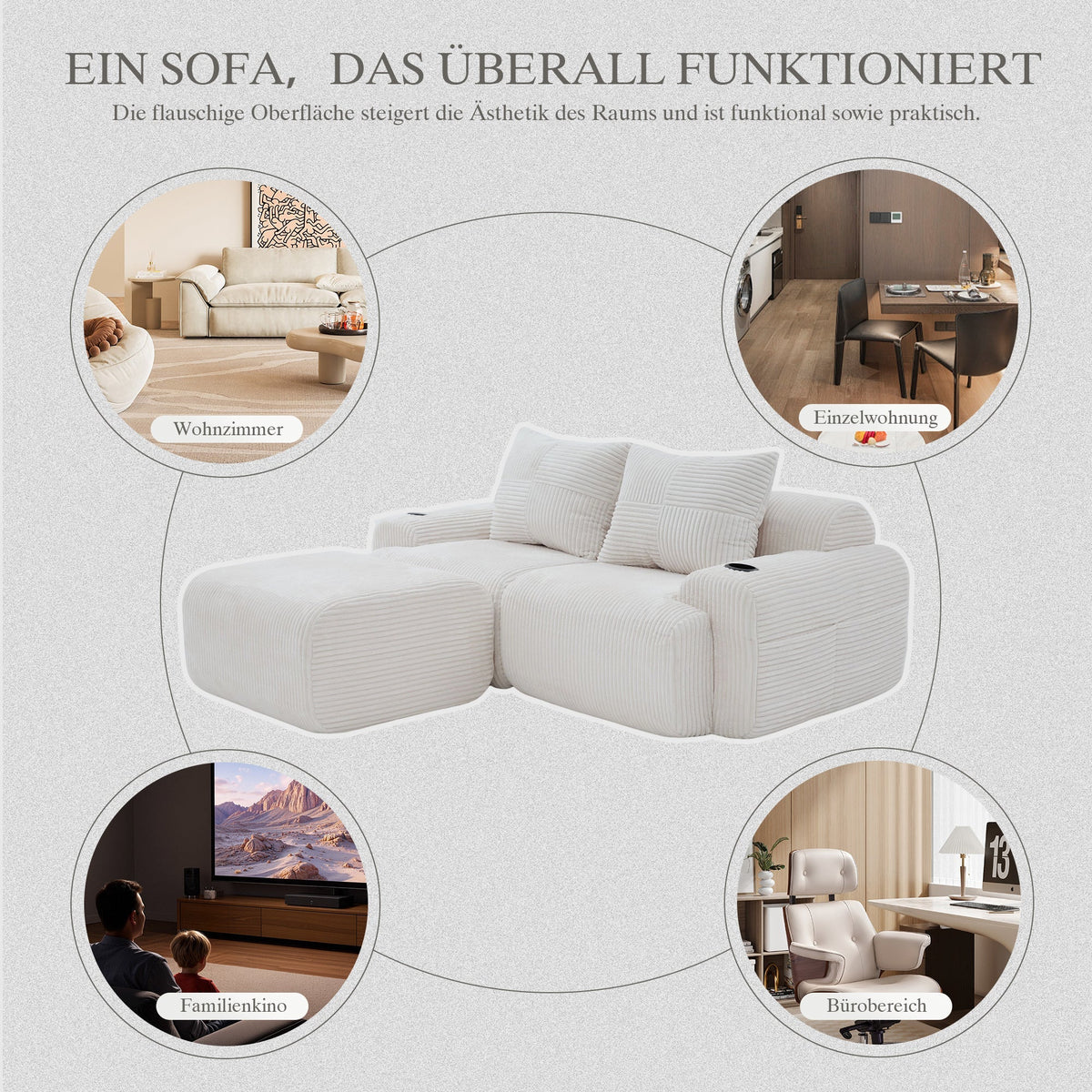 Modular Corduroy Sofa for 2 People with Ottomans, Cup Holder and Side Pocket, Beige