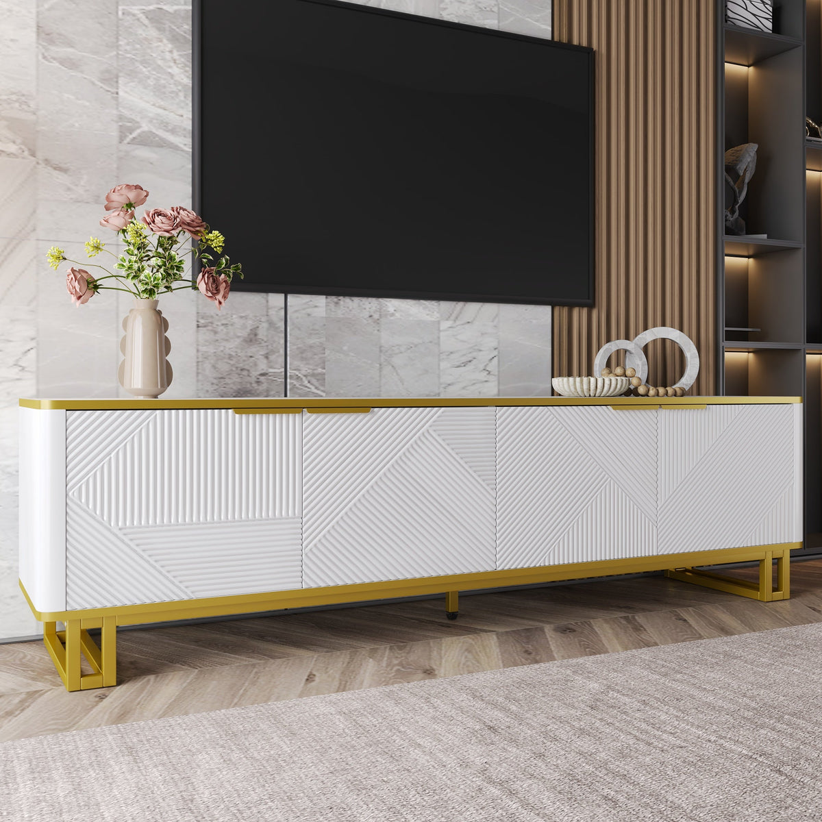 TV Cabinet Four Doors Geometric Texture 160x37.5x48cm White