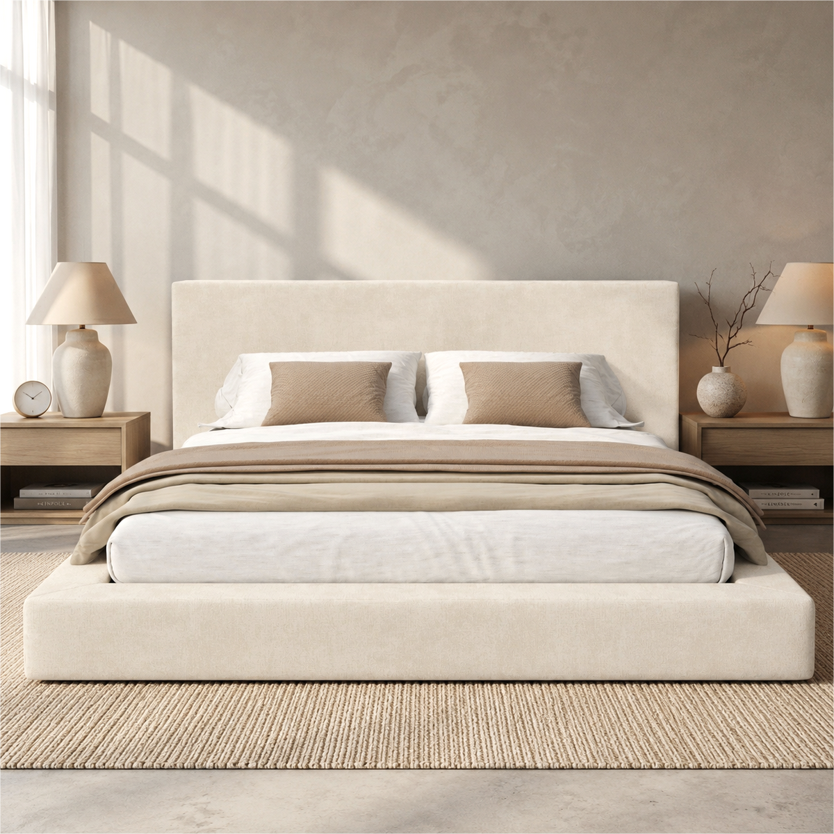 Upholstered Double Bed 180x200cm, Hydraulic Storage, Beige Chenille