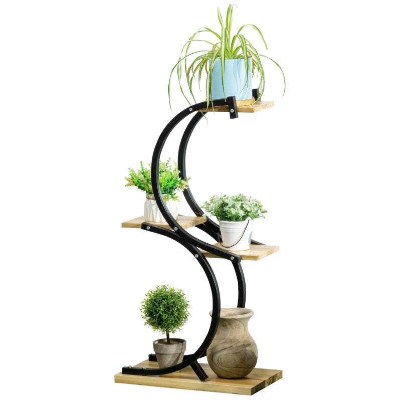 Plant Shelf S-Shaped 4-Tier Stand with Metal Frame and Solid Wood, Black
