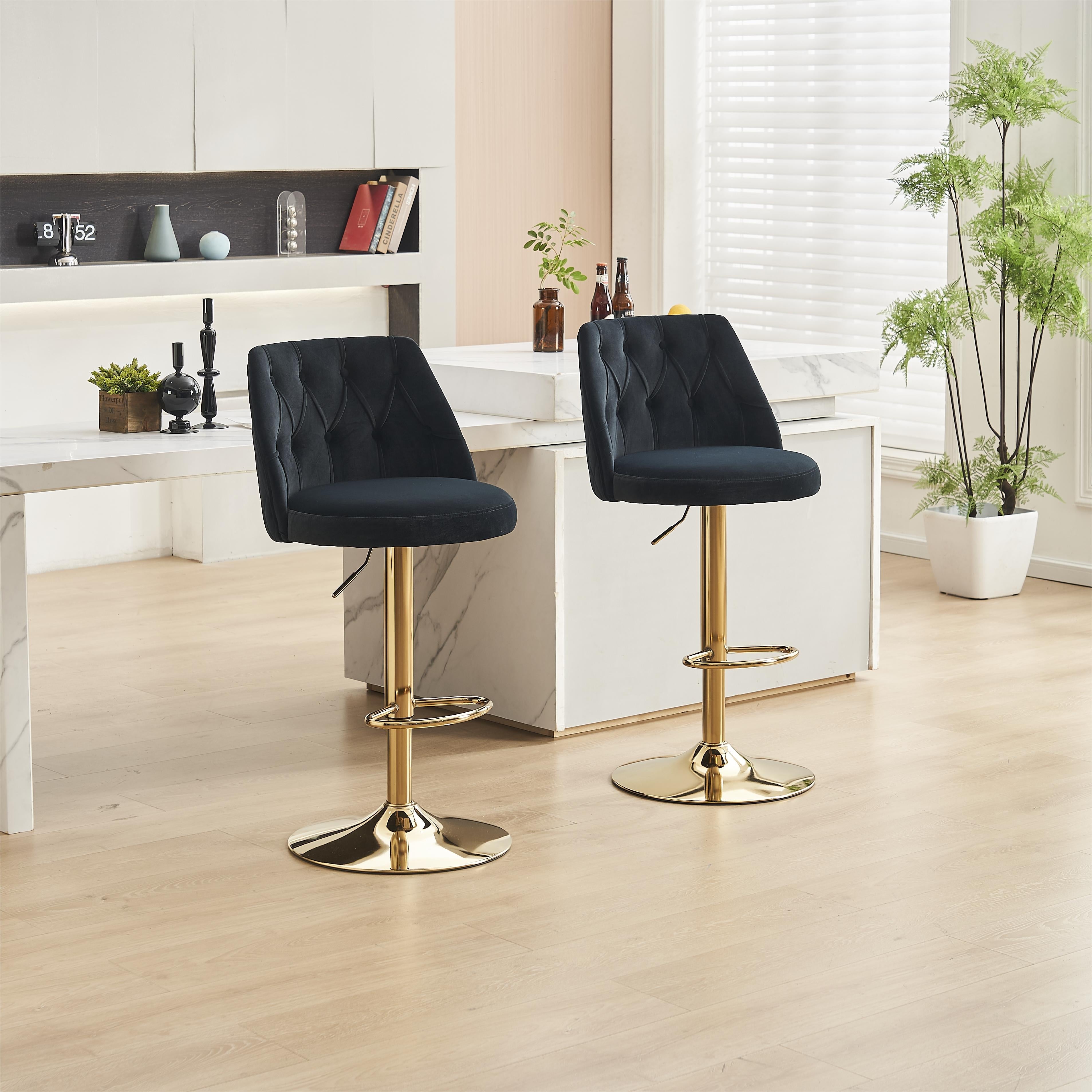 Velvet Bar Stool Adjustable Height Swivel Tufted Backrest Footrest Set of 2 - Black