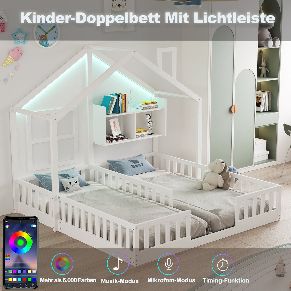 Children's House Bed 90x200 cm with LED & Storage, White