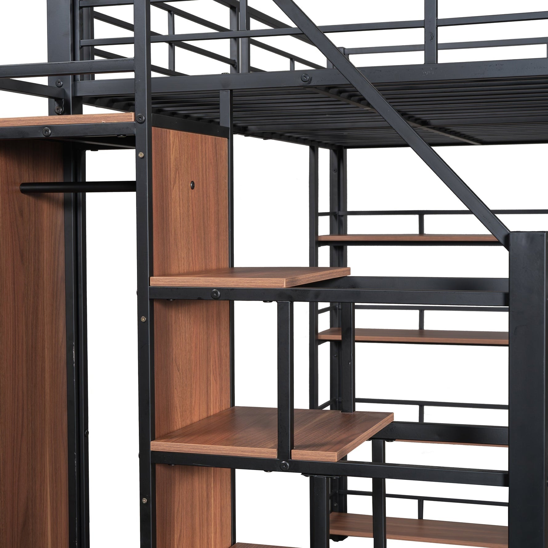 Loft Bed 140*200, Safety Stairs, Storage, Wardrobe, Shelves, Black
