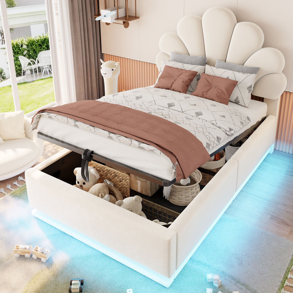 Upholstered Bed 90x200cm, Flower Headboard & Storage, Beige Velvet