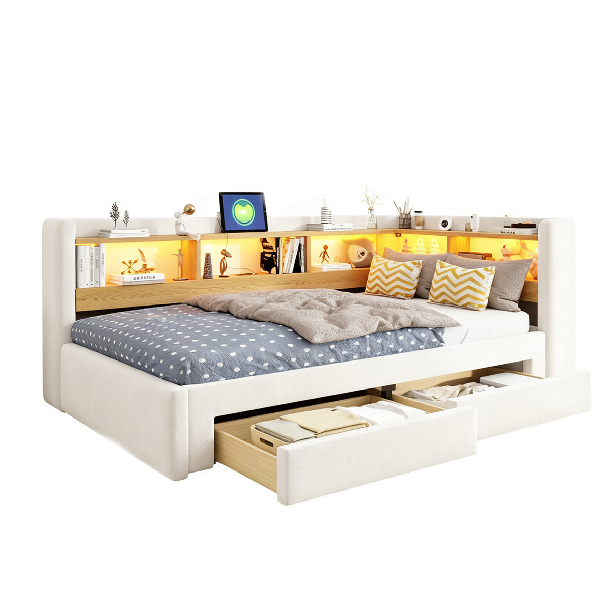 3-in-1 Sofa Bed 90x200 Extendable Daybed with LED & Drawers
