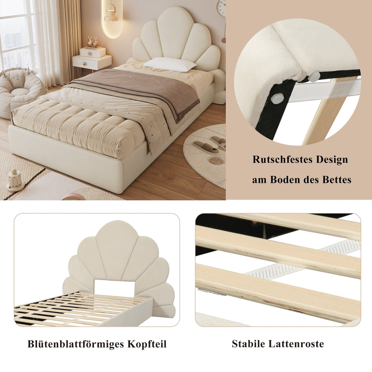 Single Upholstered Bed Curved Petal Headboard 90x200cm, Beige Velvet