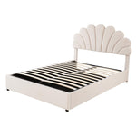Upholstered Bed 140x200cm Floral Headboard Hydraulic Storage, Beige Velvet
