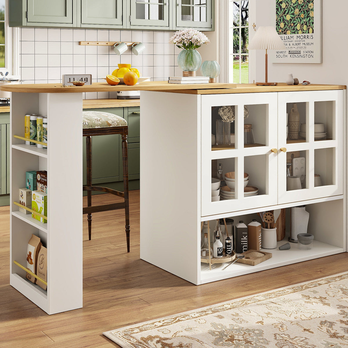 360° Rotating Sideboard - Multifunctional Dining Bar, 5 Shelves & Glass - White