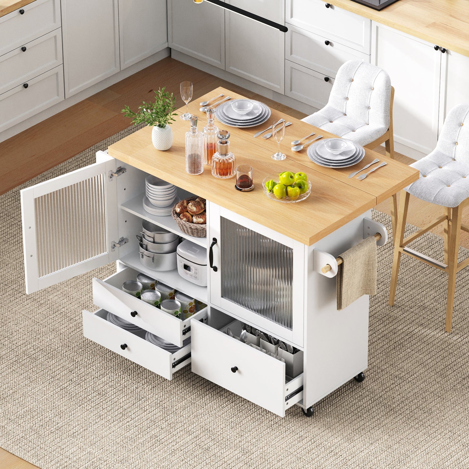 Mobile Kitchen Island Extendable Table Wheels Wine Glass Holder Storage - White