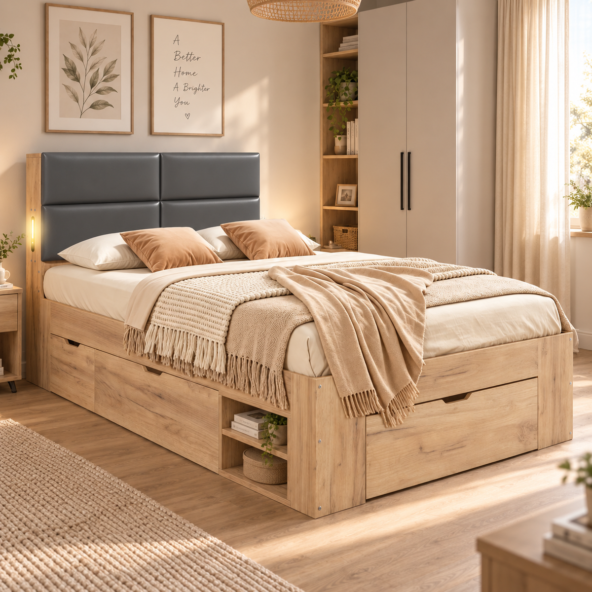 Single Storage Bed 90x200cm with USB & Drawers, Natural Wood