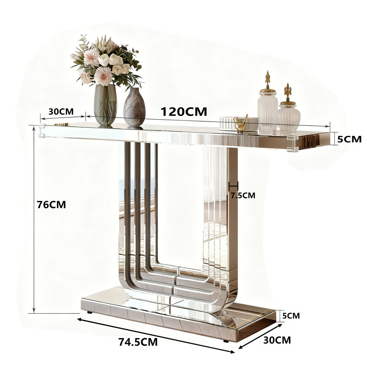 Mirrored Console Table 120cm Modern U-Shape - Silver