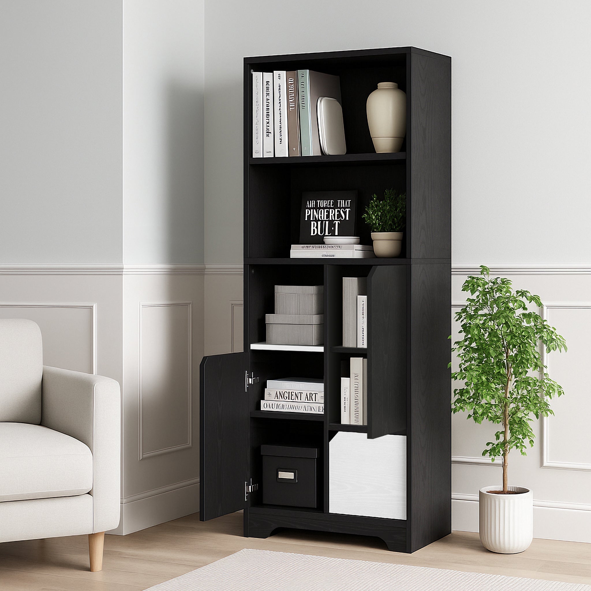 Multifunctional Bookcase with Open Storage, Doors & Drawers - Black/White