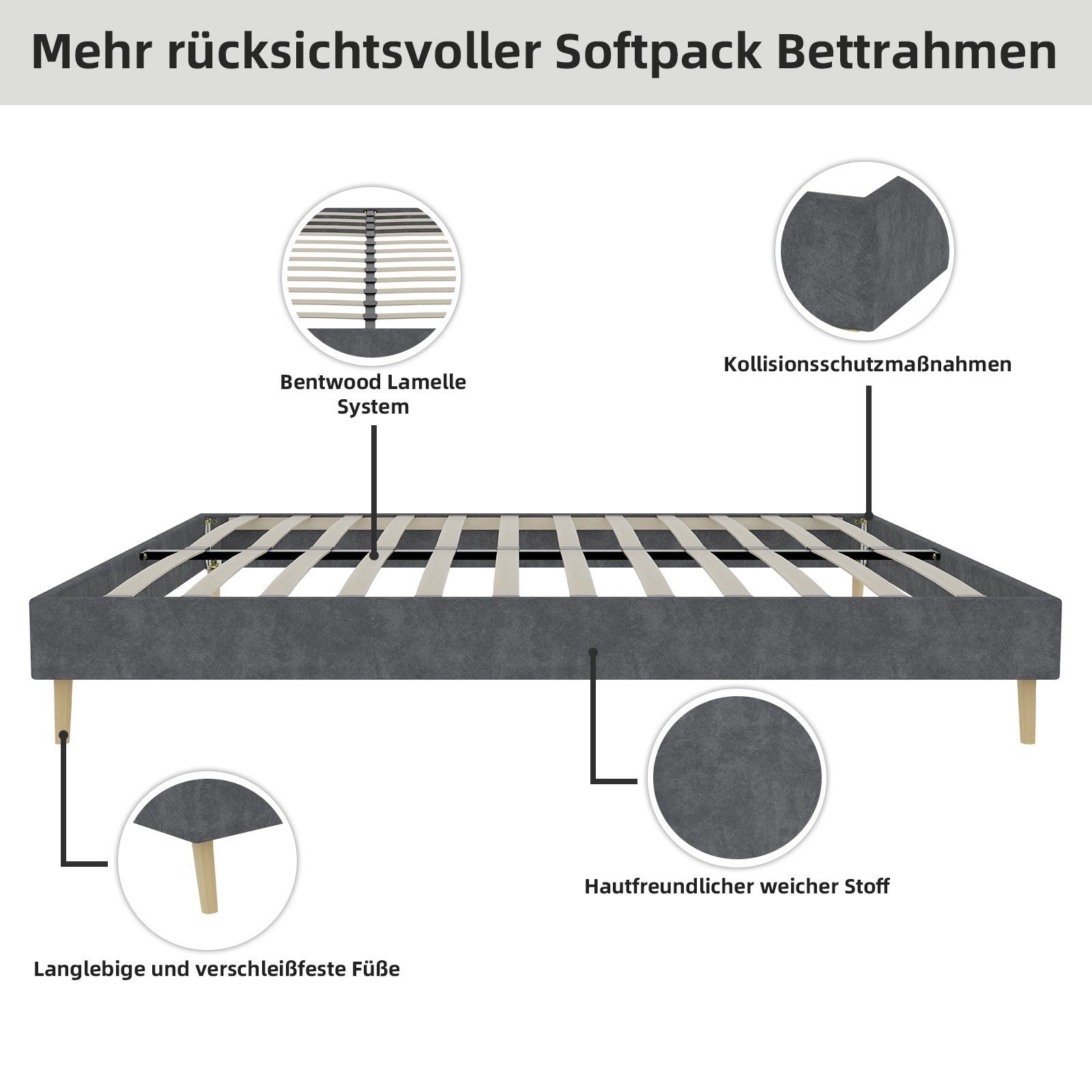 Modern Minimalist Bed Frame 160x200 cm Low-Profile Dutch Velvet Grey