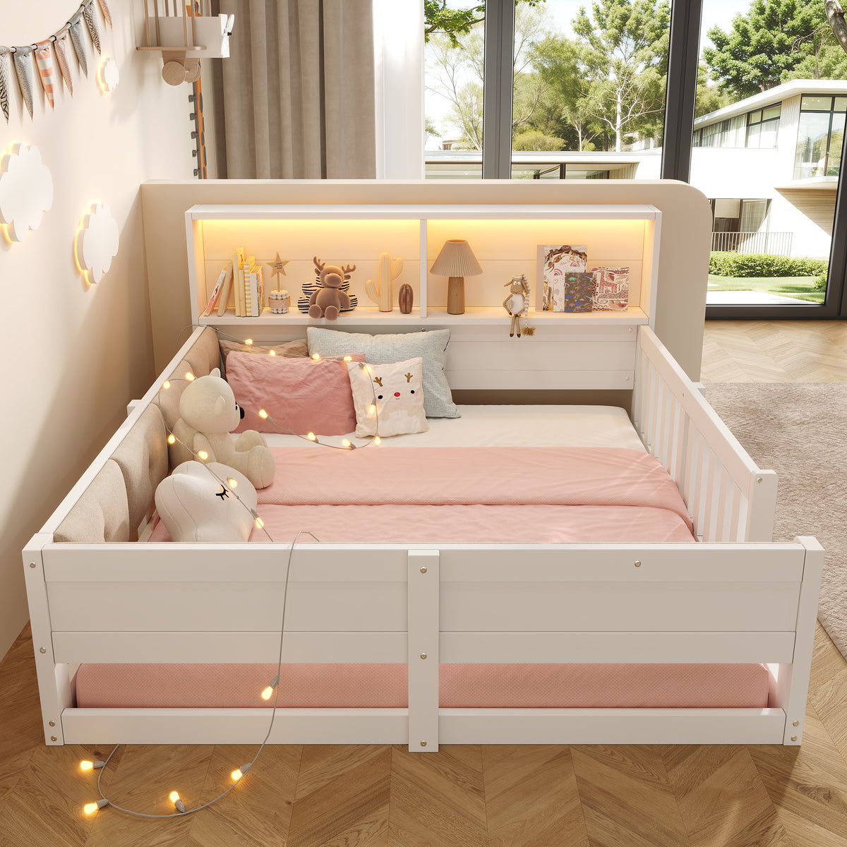 Flatbed Kids Bed 140x200cm with LED Light & Railings, White
