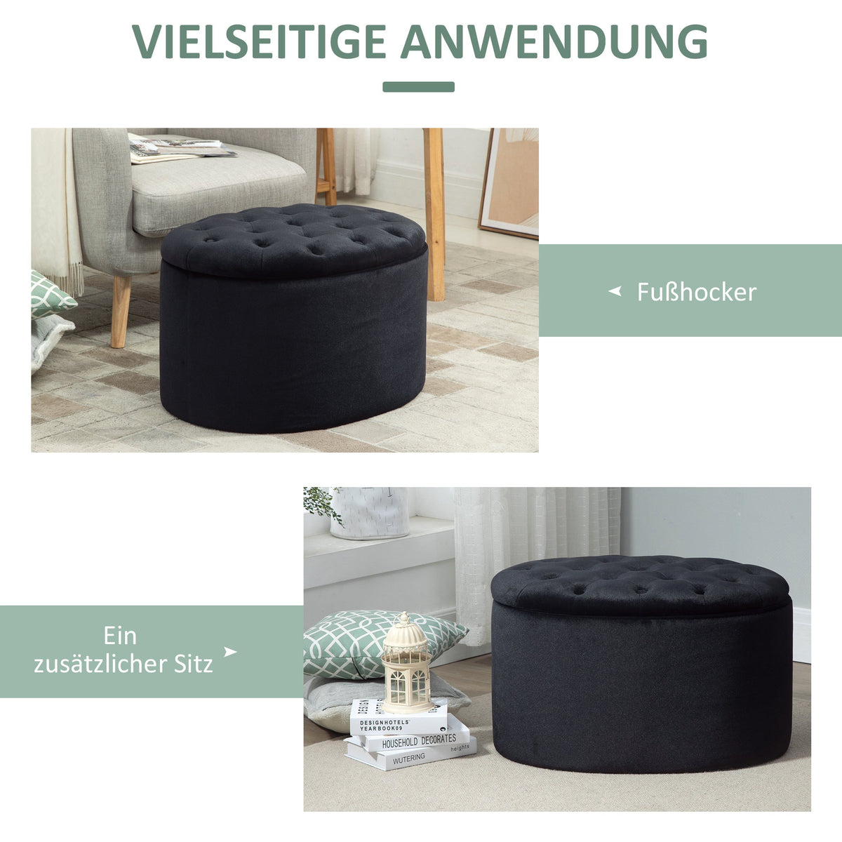 Bench Upholstered Modern Storage Oval Shape, Velvety Polyester Black