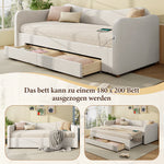 Upholstered Daybed with 2 Drawers, USB Port, 90x200cm Extendable to 180cm, Beige Velvet