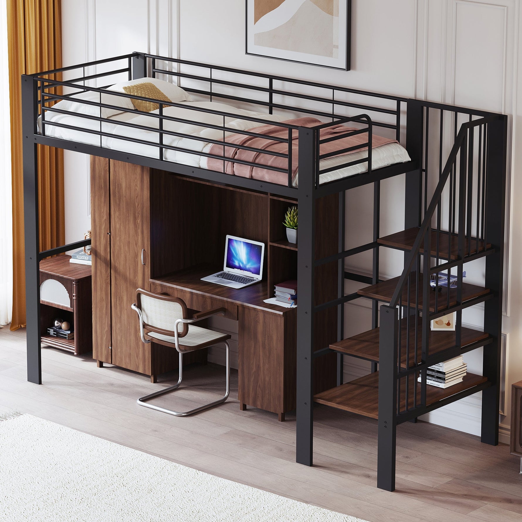 Loft Bed 90x200 Sturdy Construction Storage Stairs Metal