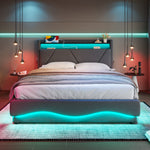 Modern Upholstered Bed 140x200cm LED Storage USB Ports Gas Spring Slatted Base Fabric