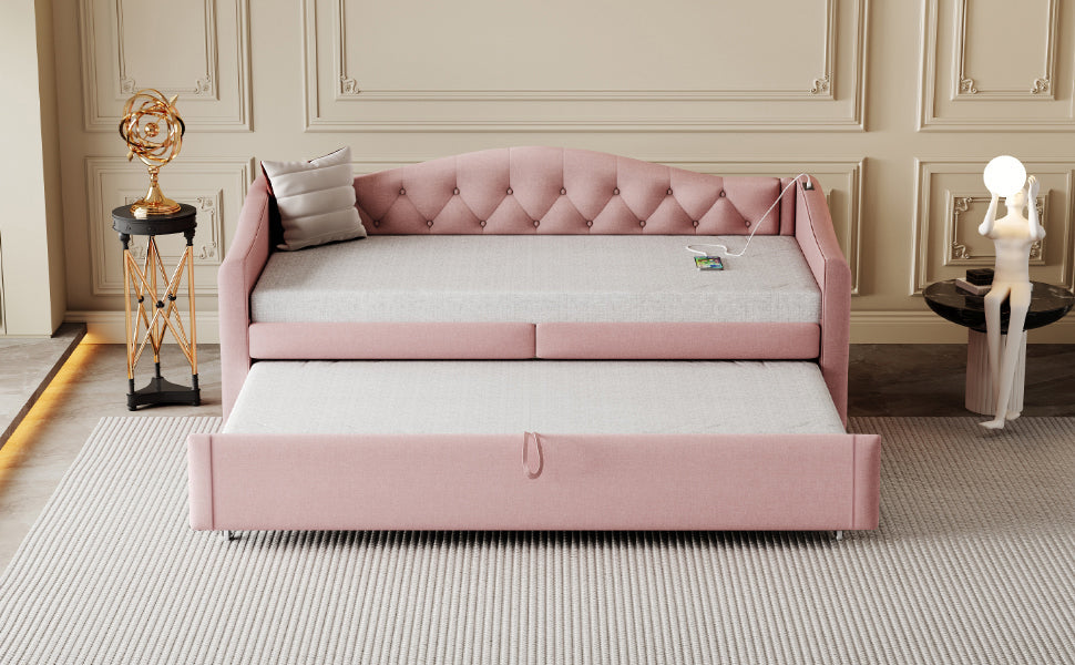 Upholstered Bed Pull-out Sofa Bed with USB Port, Pink Linen Fabric