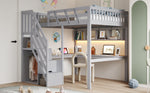 Solid Wood Loft Bed 140x200 with Desk, Storage & LED, Grey
