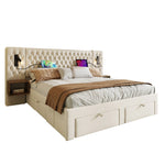 Bedroom Set, Upholstered Double Bed 160x200cm, 2 Nightstands, 4 Drawers, Headboard Reading Light with USB, Beige Velvet