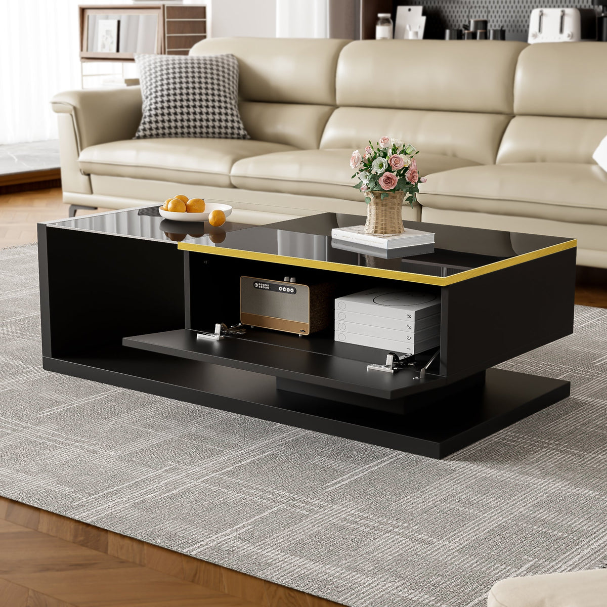 Coffee Table 100cm Long Glass LED Effect High-Gloss Black