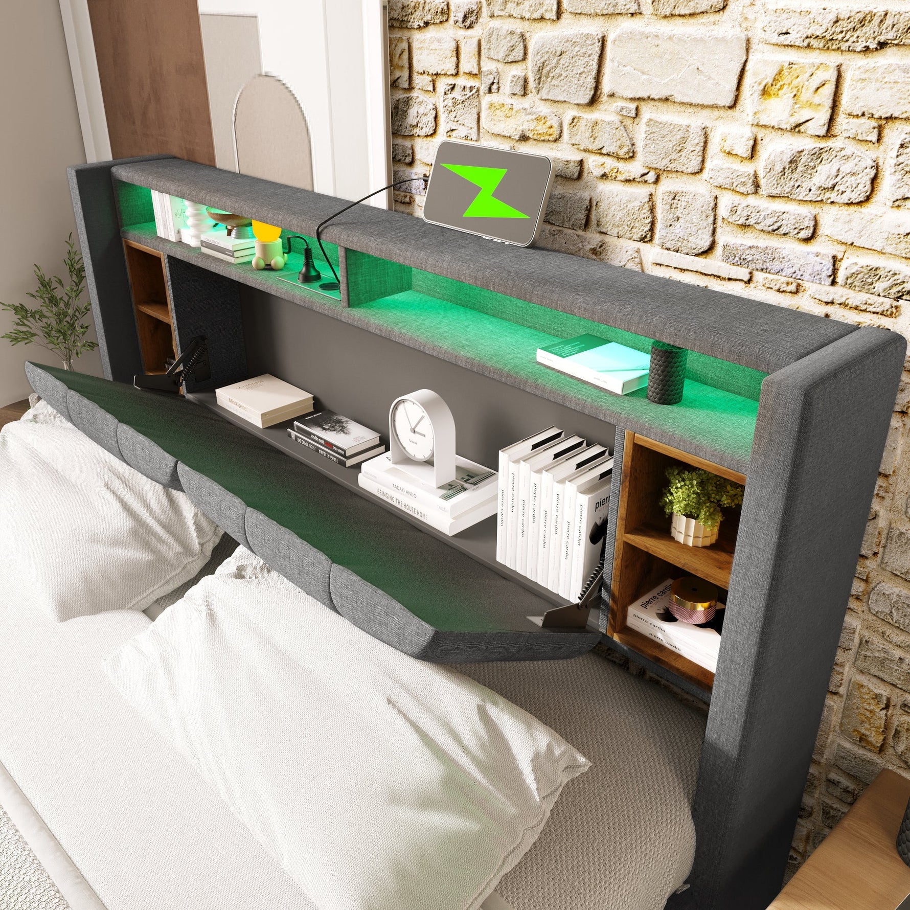 Upholstered Double Bed with Storage Headboard, USB & LED, Wooden Slats, Grey