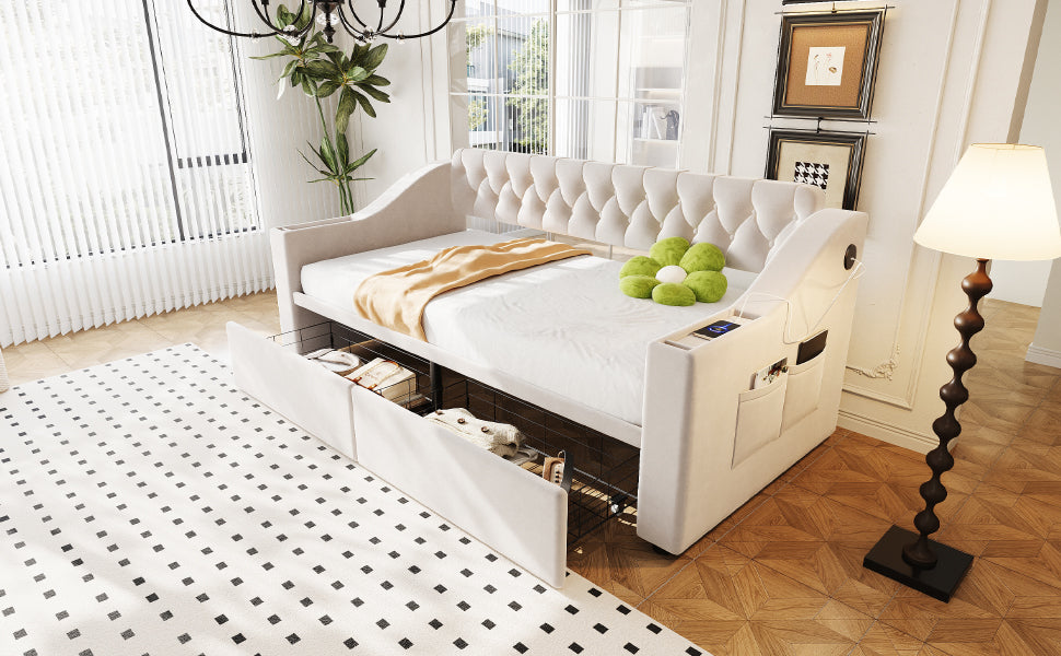 Upholstered Sofa Bed with USB Port, Storage Armrests and Drawer, Beige Velvet