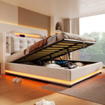 Upholstered Bed 140x200cm Hydraulic Storage LED USB/Type-C Linen Beige