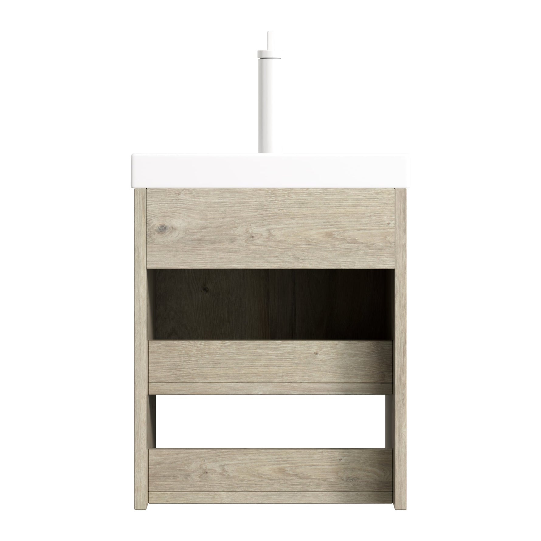 Bathroom Vanity Unit with Ceramic Sink and Open Shelf, Oak Cream Wood Grain