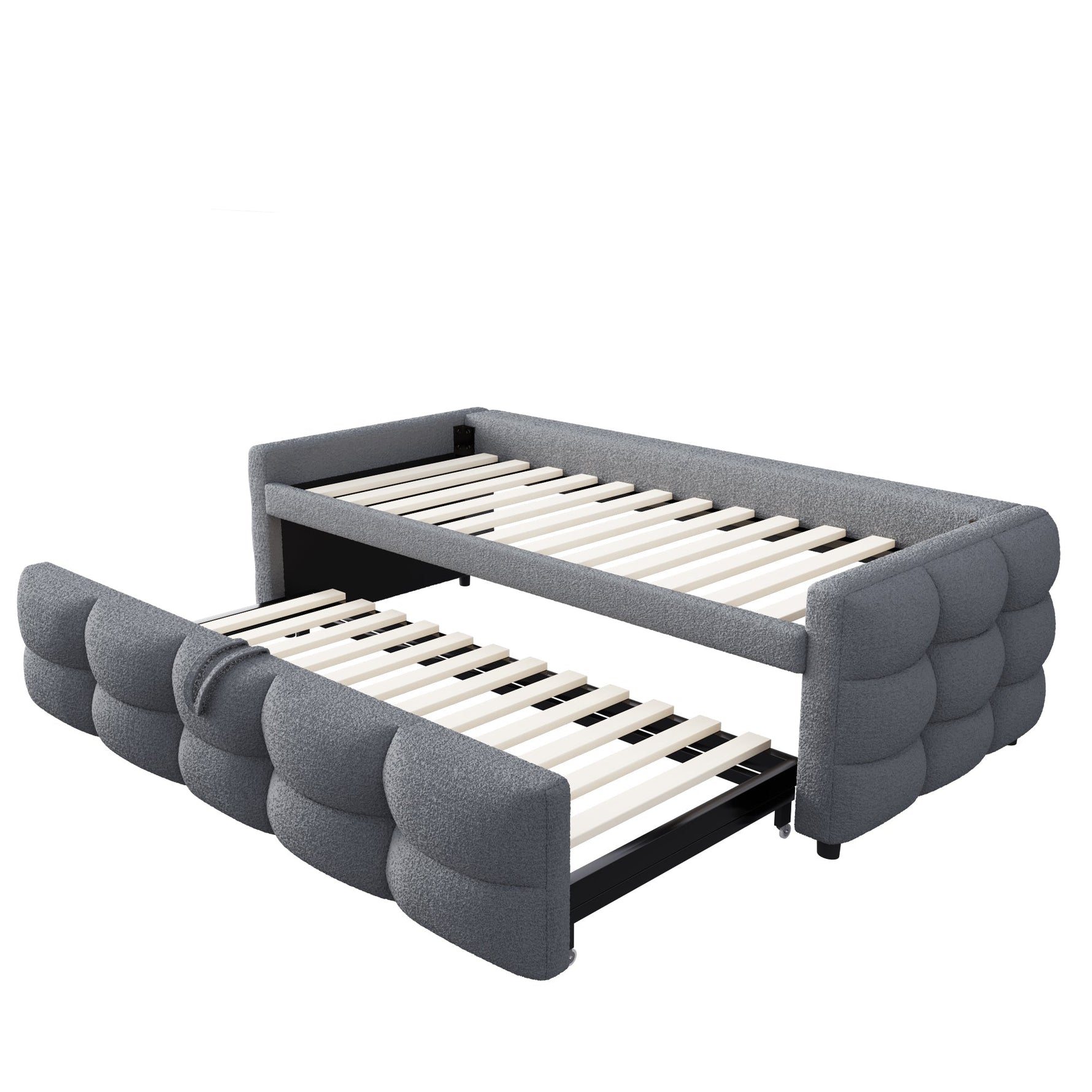 Extendable Upholstered Sofa Bed with Slatted Base and Teddy Velvet Fabric, Grey