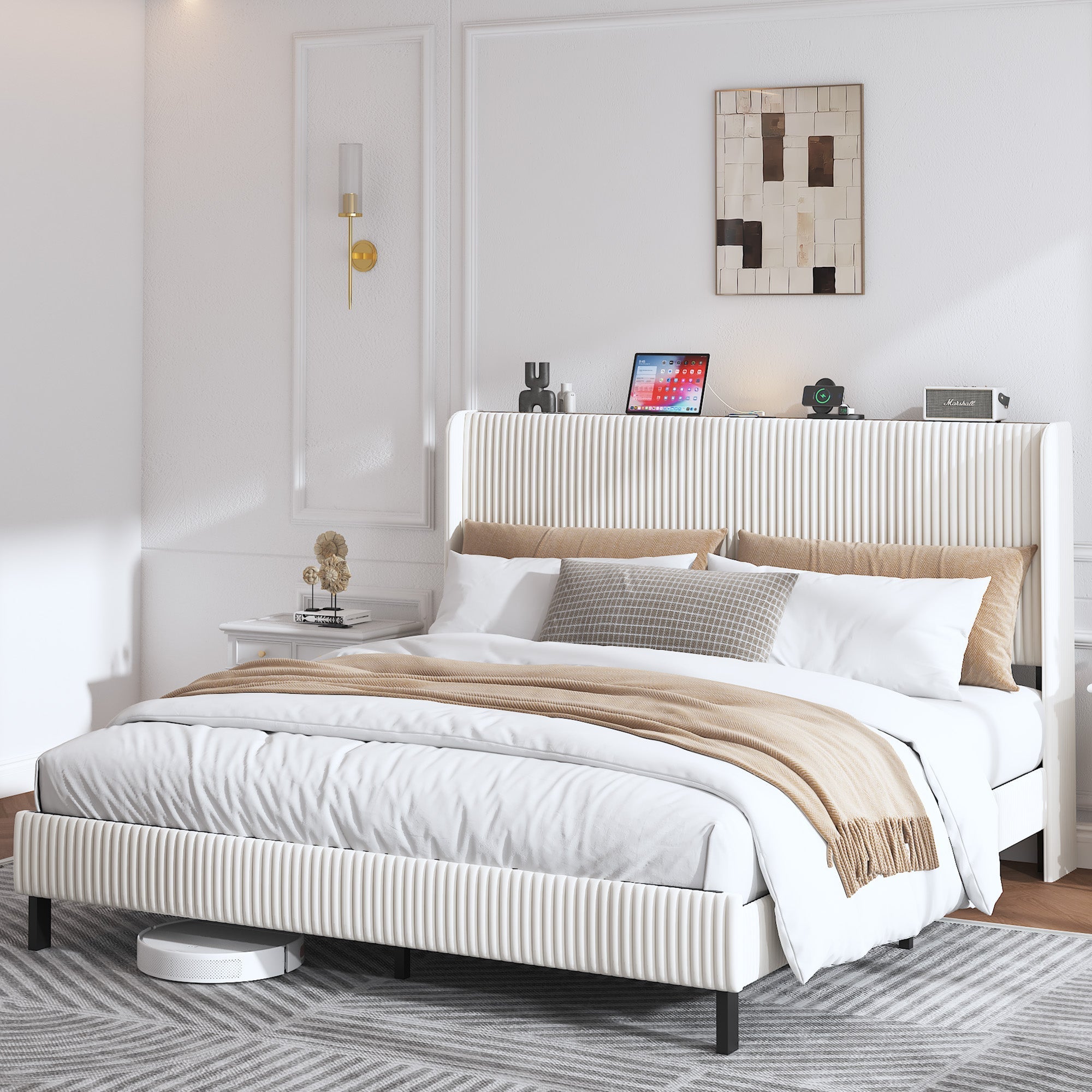 Bed Frame 180x200 Upholstered Platform Wing Headboard Metal Slats Fabric