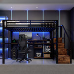 Loft Bed 140x200cm with Storage Cabinet & LED, Black Metal