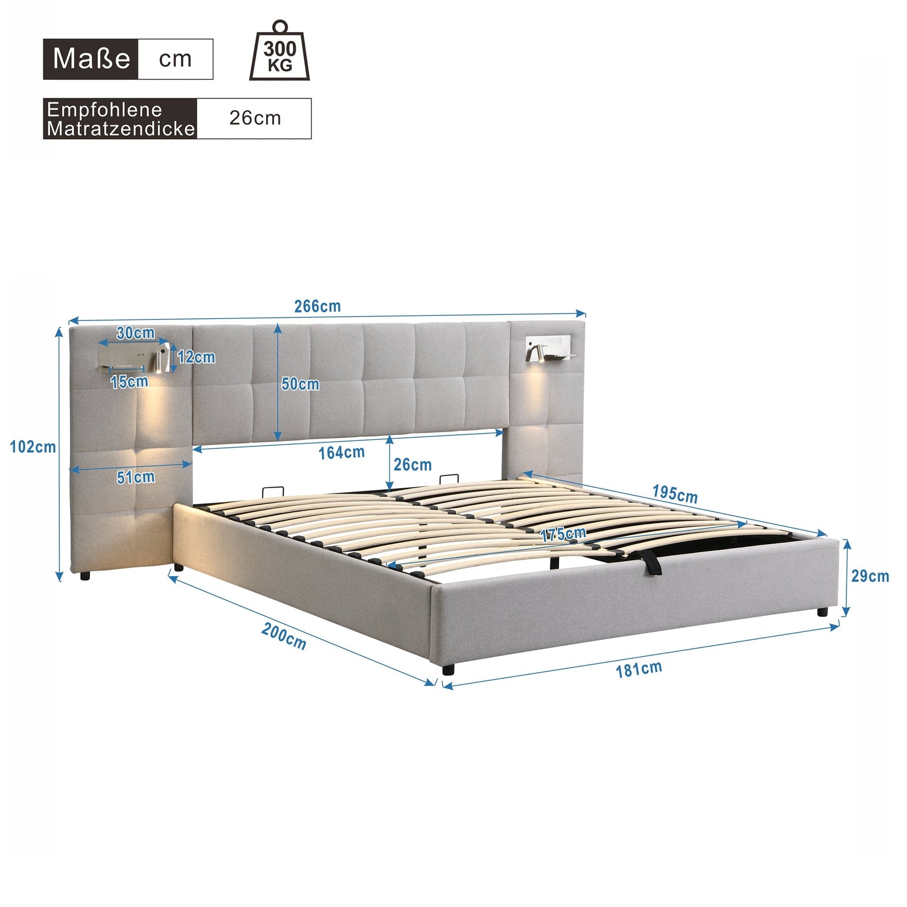 Upholstered Bed 180x200cm Hydraulic Storage USB Wireless Charging Lamp - Linen Grey