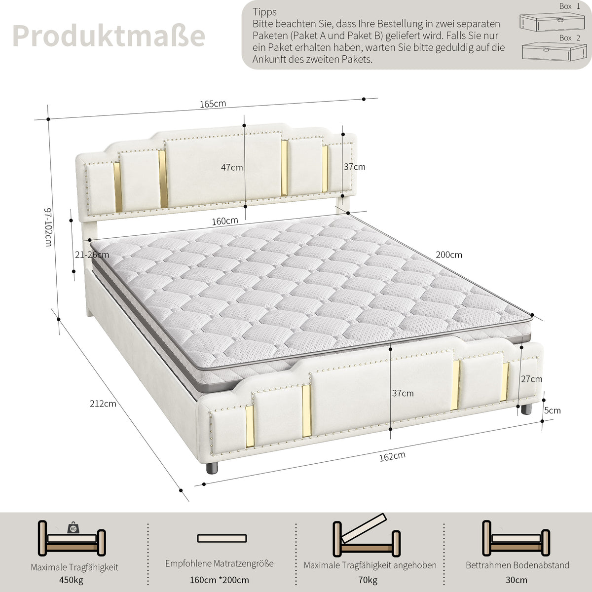 Hydraulic Double Bed 160x200cm with Headboard, Beige Velvet
