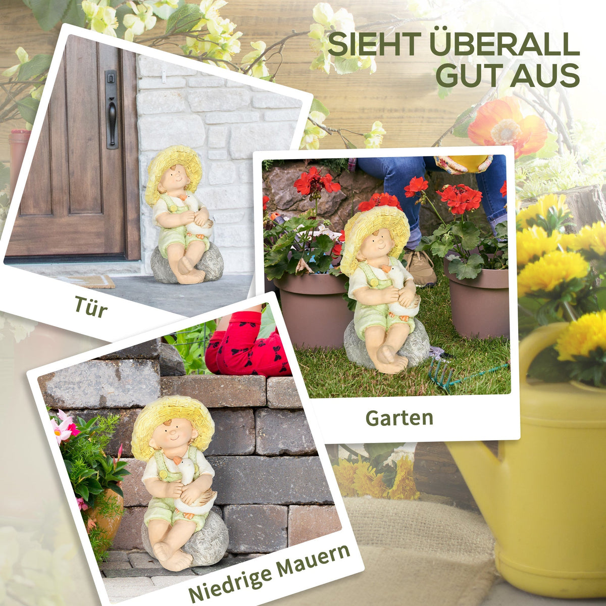 Little Boy Statue, 43cm Weatherproof Garden Ornament, Straw Hat